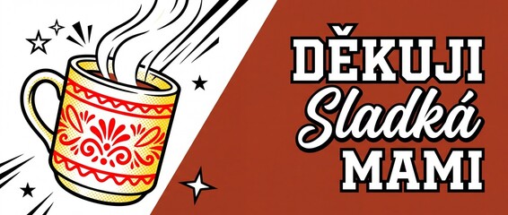 Obraz premium Czech Mothers Day Coffee Mug Pop Art Vintage Graphic Banner Dekuji Sladka Mami Greeting Card Design Steaming Hot Drink Tea Cup Illustration Folk Pattern Retro Style Mother Appreciation Den Matek
