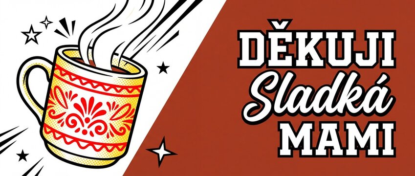Czech Mothers Day Coffee Mug Pop Art Vintage Graphic Banner Dekuji Sladka Mami Greeting Card Design Steaming Hot Drink Tea Cup Illustration Folk Pattern Retro Style Mother Appreciation Den Matek
