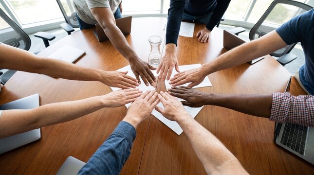 Team members stacking hands together over wooden table in office
