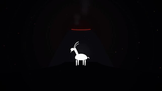 A small white stylized gazelle figure stands under a dramatic glowing red light beam within the darkness representing a mythical creature from ancient cave painting art styles found in the world
