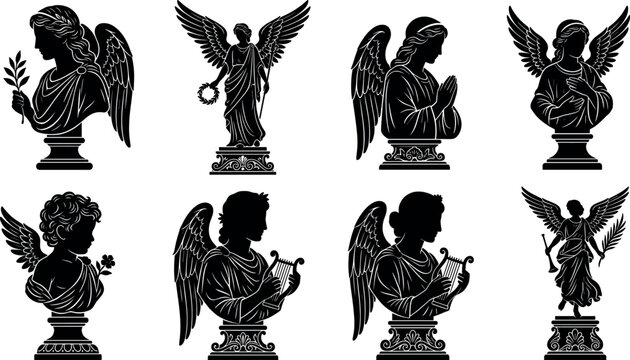 Beautiful set of classical angel statues and busts silhouettes icons for vintage decorative graphic design and monuments architecture