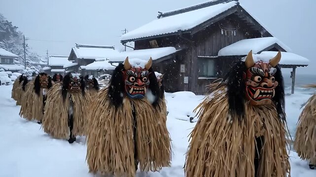 Traditional Japanese Ogres Parade Through Snowy Village Streets, Performing a Ritualistic Dance in a Winter Landscape.