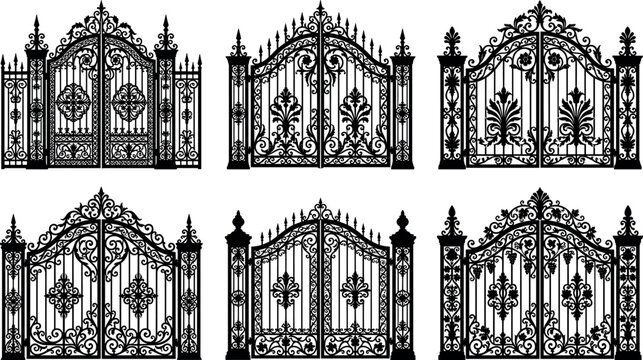 Beautiful vector set of luxury vintage wrought iron gate silhouettes with ornate classical baroque filigree patterns for architectural design elements