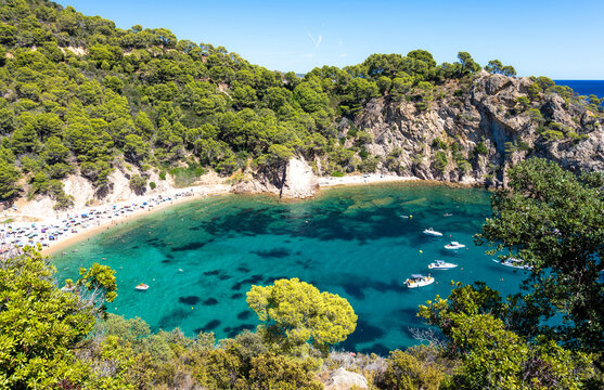 view on Cala Giverola beach on Costa Brava in Spain