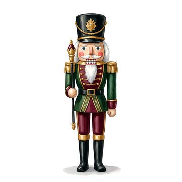 A traditional wooden nutcracker soldier wearing a green and burgundy uniform with a black hat, holding a golden scepter on white background