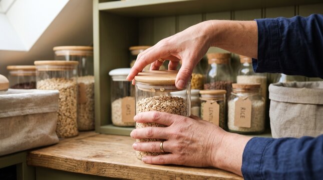 Hands seal a glass canister in a sunlit utility pantry