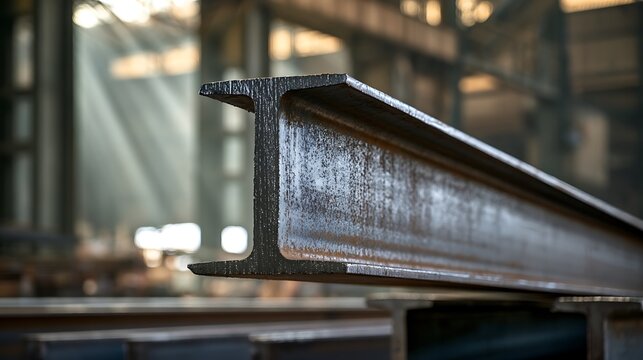 Industrial Steel I-Beam in a Manufacturing Workshop.