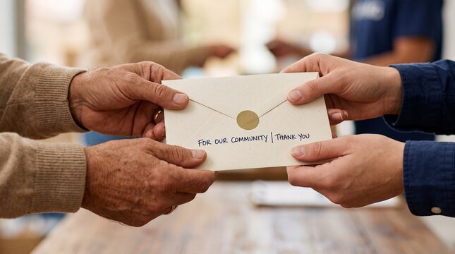 Giving Tuesday hands exchanging a donation envelope for community support
