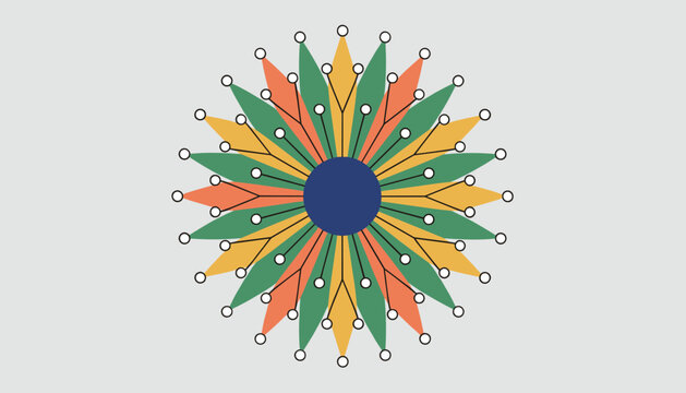 Colorful geometric starburst mandala design featuring symmetric yellow, orange, and green floral petals on grey.