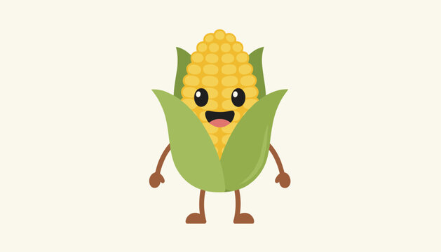 Happy cartoon corn cob character with a cute smiling face and tiny arms and legs standing on a plain light background.