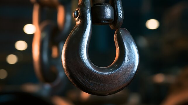 Heavy duty metal lifting hook for industrial crane equipment.