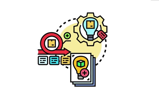 Product development idea generation, planning, and launch process conceptual featuring iterative cycles, creative brainstorming, and strategic implementation for new product innovation