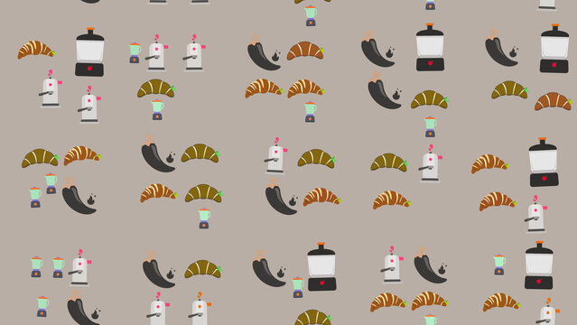 Seamless pattern of croissants, eggplants, blenders and coffee makers