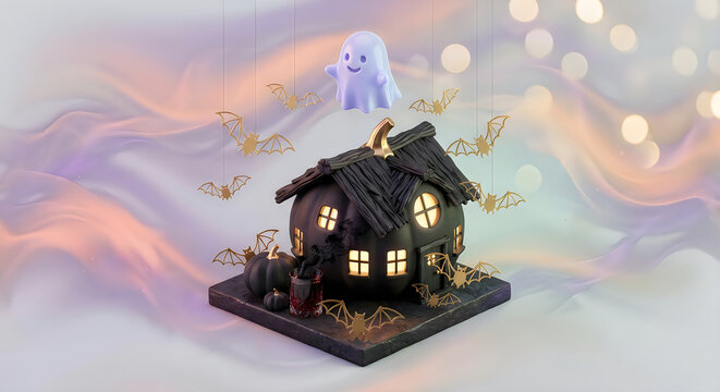 Cute halloween mini house with ghost and bats