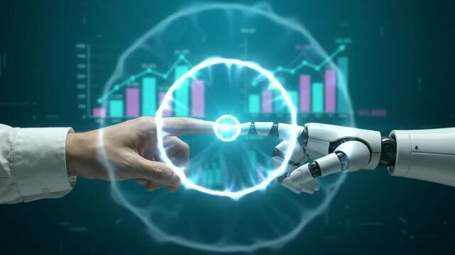 Human hand and robot hand touching fingers before financial charts bac