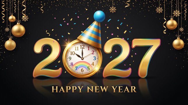 A festive Happy New Year 2027 graphic featuring golden numbers, a clock replacing the zero, a party hat, and hanging gold Christmas ornaments against a black background with confetti.
