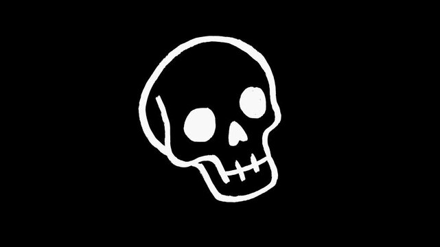 human skull hand drawn animation, bones head, halloween death, skeleton face, gothic spooky, horror pirate, animated illustration video motion clip graphics