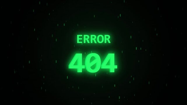 Green Retro Glitch Error 404 Text Animation on Black Background with Falling Digital Particles