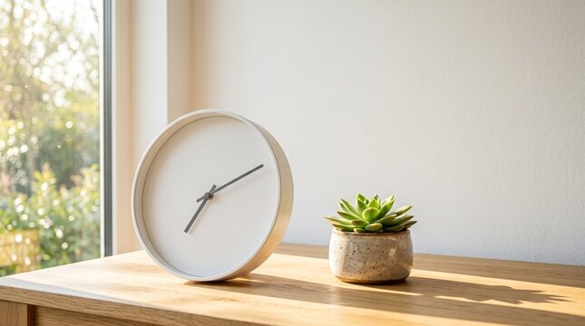 Minimalist Modern Blank Face Clock and Morning Light on Wooden Desk for Daylight Saving Time