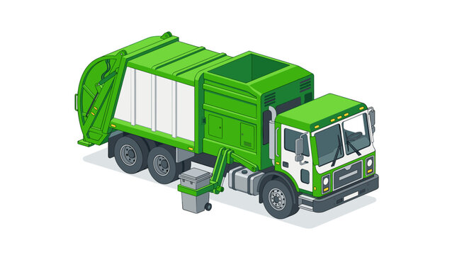 Green Automated Side Loader Garbage Truck Picking Up a Trash Can, Isometric Vector Illustration of a Waste Management Vehicle for Recycling and Sanitation Services.