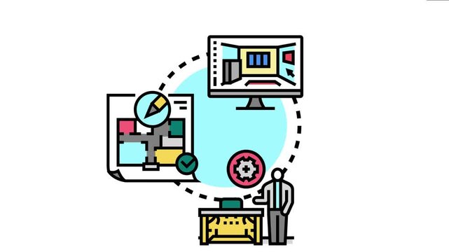 Interior designer working on a blueprint and computer aided design, visualizing a modern room layout and developing a comprehensive plan for space arrangement and furnishing