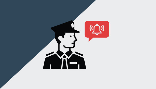 Graphic design featuring a black silhouette of a policeman next to a red warning speech bubble with a ringing bell.