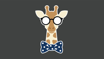 Obraz premium Cute cartoon hipster giraffe wearing black round glasses and a dark blue polka dot bow tie on a dark grey background.