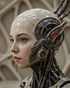 Primer plano de perfil de una hermosa humanoide o c&iacute;borg con mitad del rostro biol&oacute;gico y mitad mec&aacute;nico y cibern&eacute;tico
