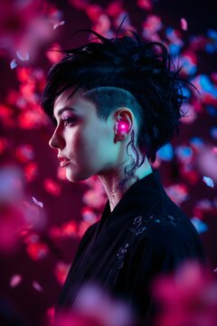 Retrato de perfil de una mujer joven con corte de pelo moderno y un auricular luminoso rodeada de p&eacute;talos de flores con iluminaci&oacute;n de ne&oacute;n