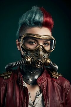 Retrato de primer plano de una mujer joven con estilo cyberpunk y steampunk usando gafas protectoras y una m&aacute;scara de gas con tubos