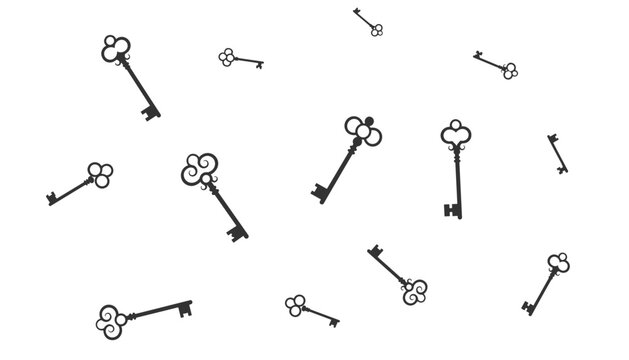 Pattern of scattered vintage skeleton keys of various shapes and sizes in black silhouette style over a plain white background.