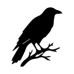 Fototapeta premium Black crow silhouette perched on a branch, elegant minimalist design ideal for greeting cards, logos, or social media