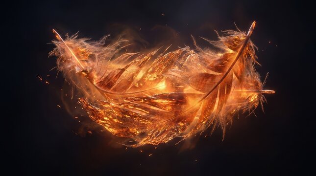 Two golden phoenix feathers ablaze with fiery orange and yellow flames against a dark background