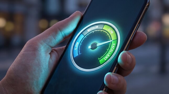 Person holding smartphone displaying glowing speed gauge meter interface