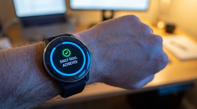 Smartwatch displaying daily goal achieved notification at workspace