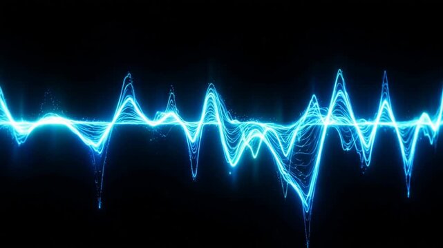 Bright cyan audio waveforms fluctuate across dark background with electric energy. Glowing sound waves pulse horizontally, displaying energetic frequency patterns in dynamic visual style.
