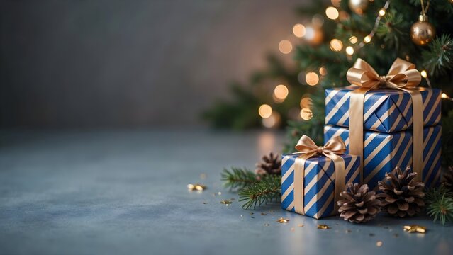 Cajas de regalo azules con rayas y lazos dorados junto a un &aacute;rbol de navidad iluminado con fondo borroso