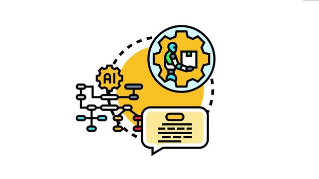 Robot worker processing data inside a gear, connected to a flowchart and code snippets, the modern ai focused programming language concept