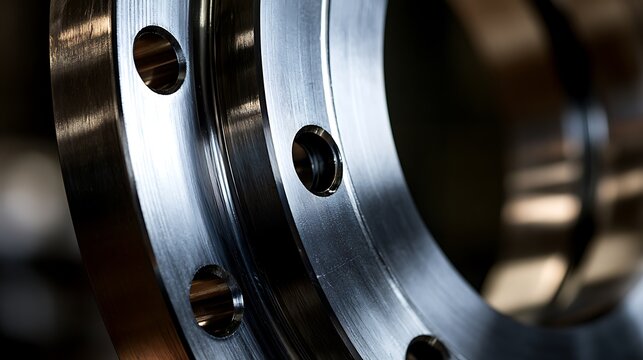 Close up of circular metal industrial flange part with bolt holes.