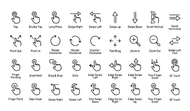 Touch screen gestures line icons set with tap double tap swipe scroll pinch zoom rotate drag drop press and hold finger pointing in vector illustration