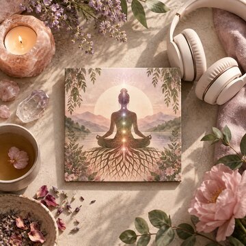 Earthy spiritual wellness scene featuring a chakra meditation illustration with healing crystals, salt candle, and headphones for a guided meditation or self-care concept.