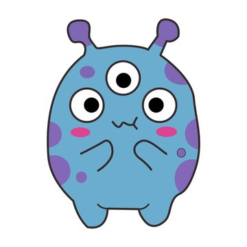 Cute three-eyed purple monster with antennas vector illustration isolated on white background. Kawaii alien character clipart.