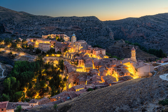 The marvelous Albarracin illuminated in the evening. Province of Teruel, Aragon, Spain.
