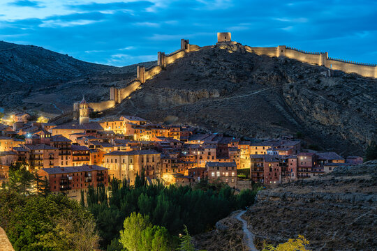 The marvelous Albarracin illuminated in the evening. Province of Teruel, Aragon, Spain.