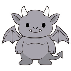 Fototapeta premium Cute grey gargoyle monster with horns and wings vector illustration isolated on white background. Kawaii demon character clipart.