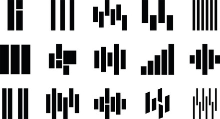 Obraz premium Geometric black bar vector icon set featuring abstract audio equalizer frequencies signal waves stripes and minimalist block logos