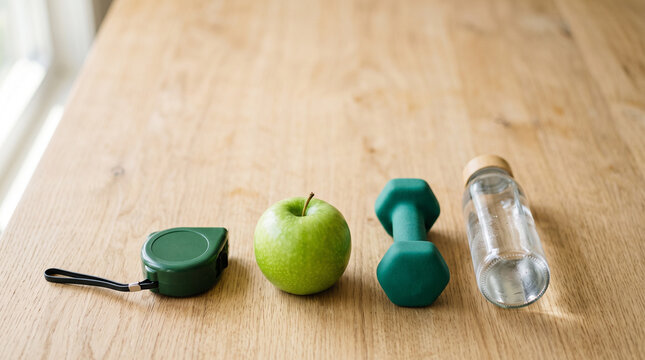 Green apple, tape measure and small dumbbell flat lay, new year weight loss and healthy diet with copy space