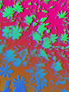 Abstract glitch halftone background dot pattern with neon magenta sky and cool-toned blue and green flowers with datamosh distortion. Anchors surreal nightclub and DJ event poster design.