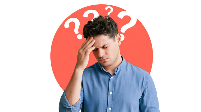 Confused man holding head in despair surrounded by question marks on red background, representing difficulty, problem solving and doubt