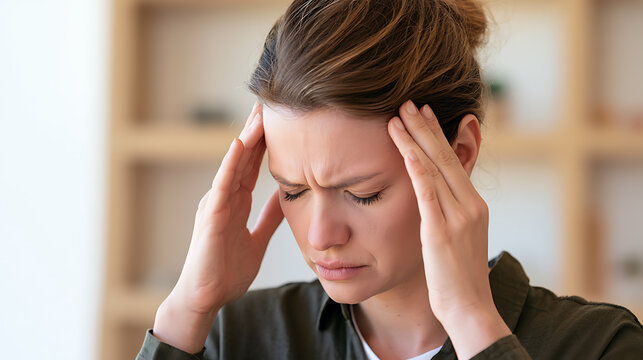 Stressed young woman suffer from severe headache, migraine, or tension, holding her head with hands, feel pain and fatigue in office